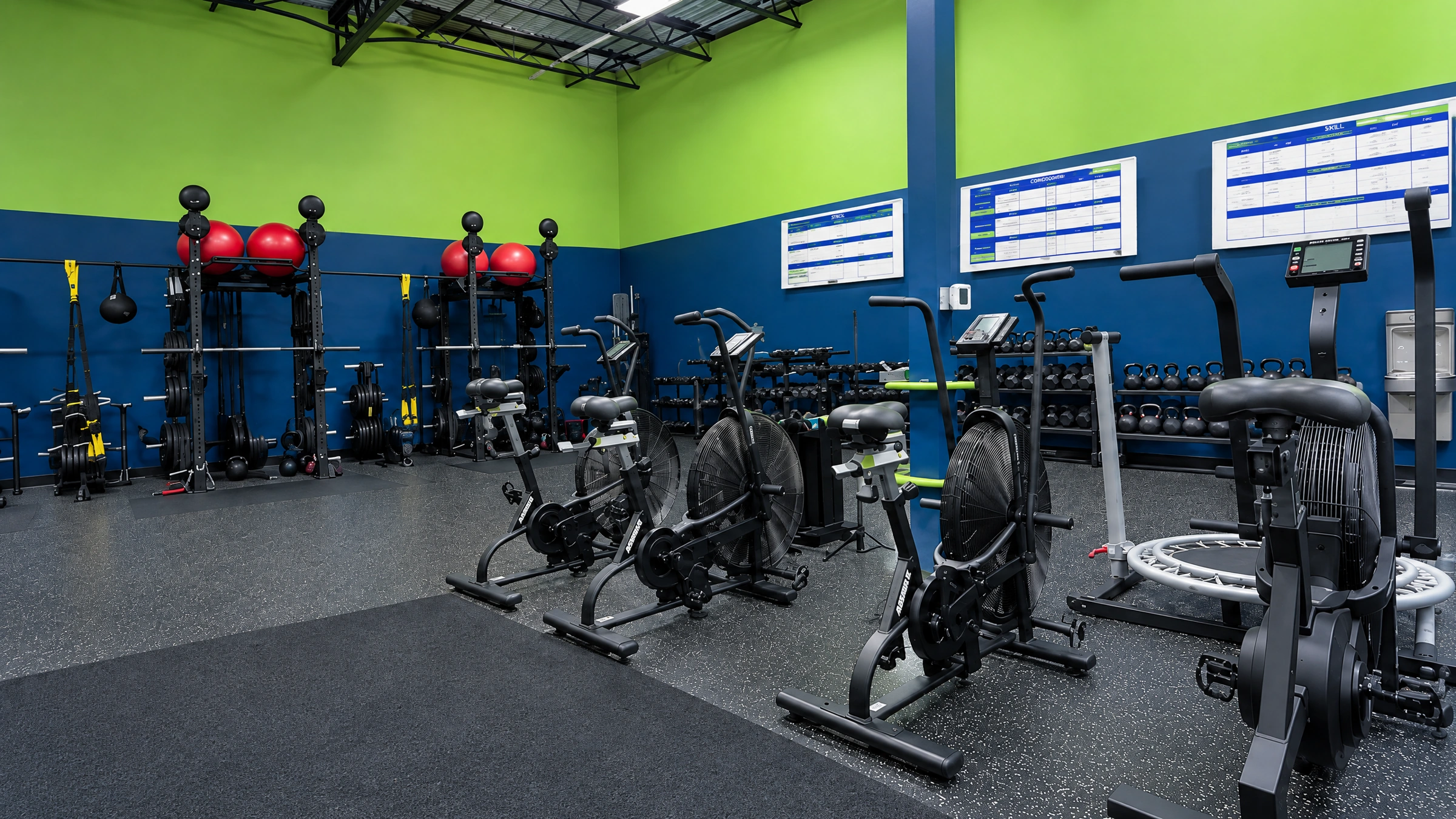 Strength racks, free weights, and exercise bikes on the Elite Wellness training floor in Ashburn