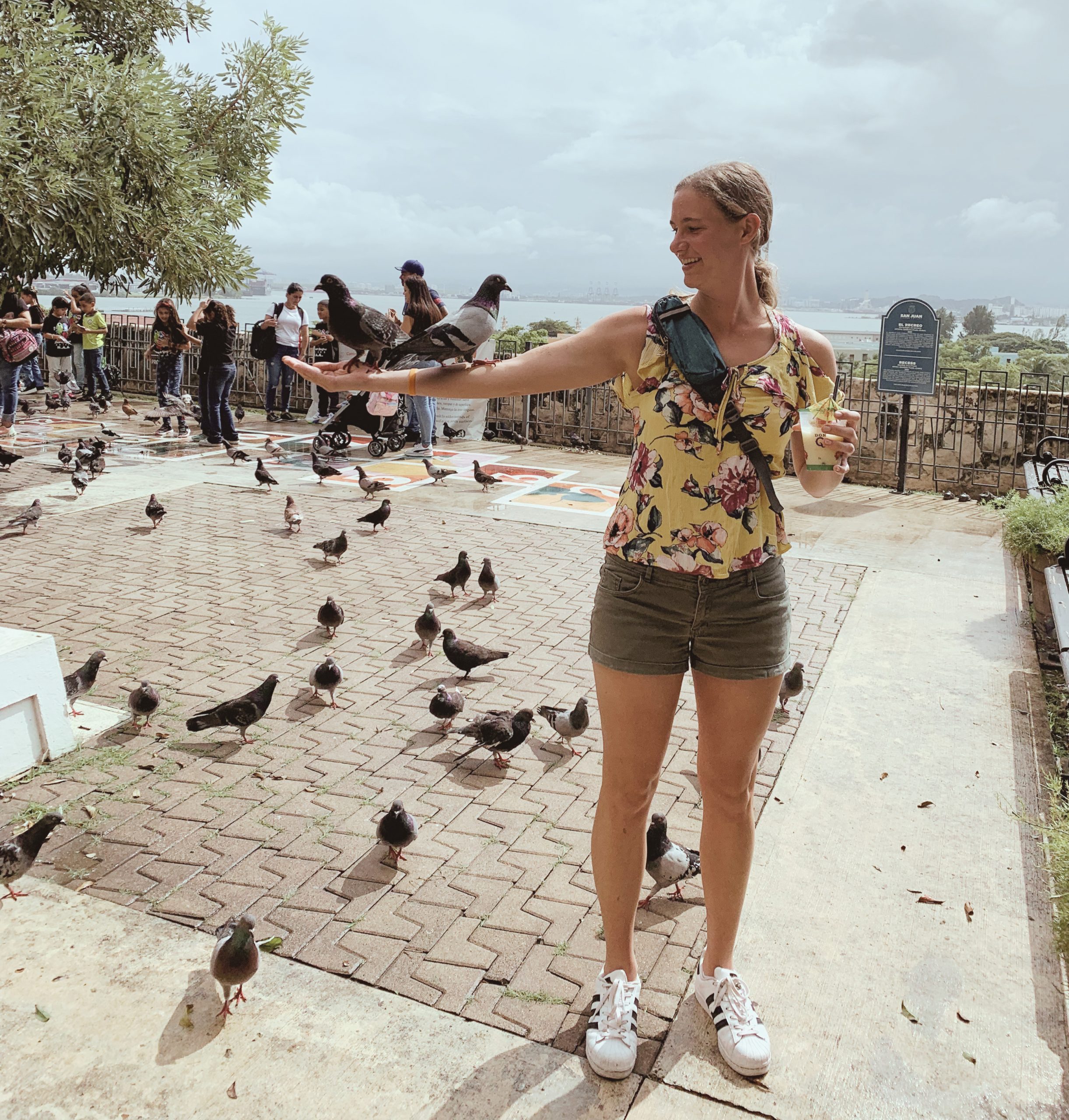Rylee_Learn_Elite Wellness Woman in a yellow floral top feeds pigeons on a sunny waterfront promenade, holding out her hand with birds gathered around.