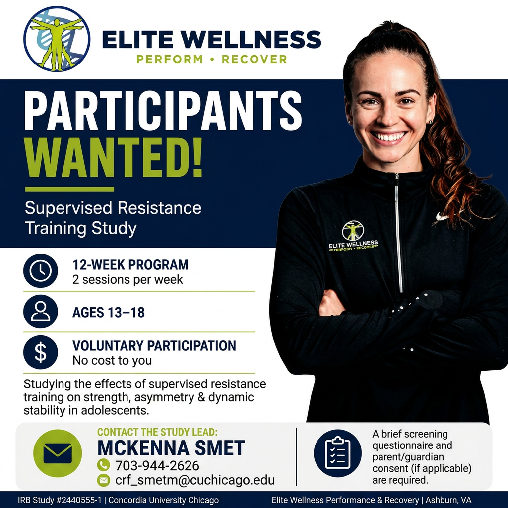 Elite Wellness recruitment poster: 'Participants Wanted' for a supervised resistance training study; smiling trainer on the right with contact details at bottom.